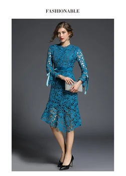 Nové Jeseň Duté čipky Ženy šaty 2019 Flounce Fishtail Sexy šaty Horn rukáv nepravidelný Strany Žien Vestidos