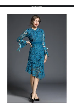 Nové Jeseň Duté čipky Ženy šaty 2019 Flounce Fishtail Sexy šaty Horn rukáv nepravidelný Strany Žien Vestidos