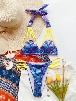 Nové Lesklé Kovové Morská víla Bikini Set Ryby Rozsahu plavky s uväzovaním za Krk Plavky dámske Letné Obväz Plávanie Oblek Pre plážové oblečenie