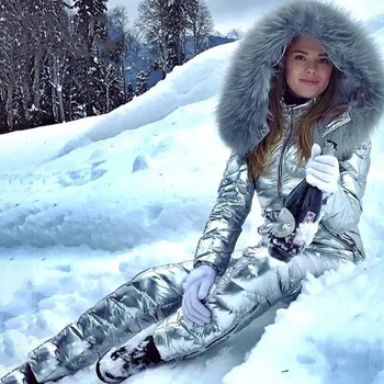 Nové Lesklé Striebro Zlato Jeden Kus Lyžiarske Oblek Ženy Zime, Vetru Lyžovanie Jumpsuit Snowboarding Vyhovovali Žena Snehu Kostýmy