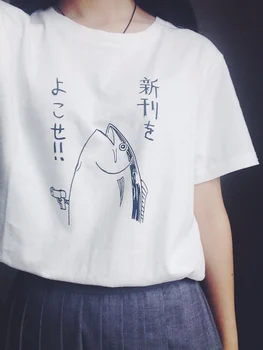 Nové letné módy roztomilý základné bavlna ryby vzor Japonský štýl HALAJUKU wild vtipné krátke rukáv o-krku ženy Biele tričko