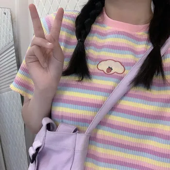 Nové Letné Roztomilý Plodín Top Ženy Tričko Harajuku Kawaii Rainbow T-shirt Žena Výšivky Jahoda Pruhované tričko Mujer