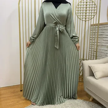 Nové Modely Elegantné Skromné Nosiť Hodvábne Veľké Skladaný Maxi Dlhý Rukáv Abaya Ženy Satin Moslimské Oblečenie Islamskej Turkeey Módne Duabi
