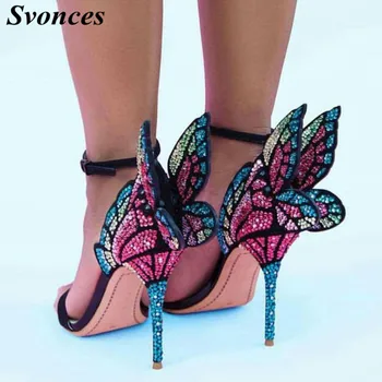 Nové Modely Multicolor Drahokamu Sandále Ženské Topánky Luxusné Kryštály Päty Motýľ Sandále Vysokým Podpätkom Svadobné Party Topánky