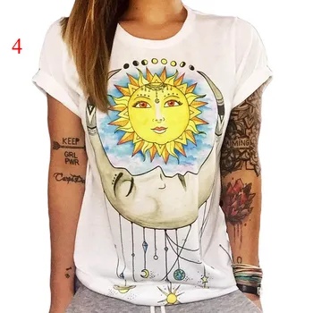 Nové Módne Boho Ženy Príležitostné Letné Krátke Kreslené Sova Sun Flower Dreamcatcher Tlač Voľné T-Shirt Topy 4 Druhy Výtlačkov