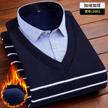 Nové Módne Teplé Falošné Dva Kusy Tričko Mužov Zime Človek Košeľu Business Strany Mužov Oblečenie Zahustiť Plus Zamatové Tričko
