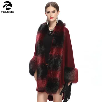 Nové Módne Šatkou kabát žien Umelú kožušinu Kabát na Jeseň a v Zime imitácia Fox Kožušiny Golier pletený Sveter Plášte Pončo