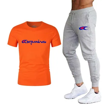 Nové pánske tričko + nohavice dvoch-dielny oblek ležérne športové oblečenie značky mužov vytlačené T-shirt vyhovovali T-shirt nohavice