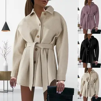 Nové Streetwear Kabát tvaru Teplo Šnúrkou Vlnené Kabát Outwear Ženy Formálne Office Kabát pre Prácu