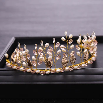 Nové Svadobné Doplnky Do Vlasov Kvet, Listy Crystal Pearl Hlavový Most Princezná Koruny Svadobné Tiara Zlato Tiara Ručné Príslušenstvo