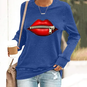 Nové tričko pre ženy červené pery Vytlačené Okrúhlym Výstrihom, Dlhý Rukáv Príležitostné Voľné Pulóver Košele, oblečenie vysokej kvality camisetas mujer