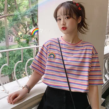 Nové Tričko Ženy Rainbow Prekladané Topy Tee Harajuku Letné Tričko Krátky Rukáv kórejský Punk T-shirt camiseta feminina Nové