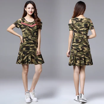Nové zakrývanie tlač kórejský módne off-the-nesú-line šaty O krk krátky rukáv voľný čas, oblečenie vestidos oblečenie army zelená