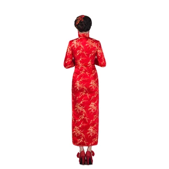 Nové Červené Jeseň Jar Dlhý Rukáv Cheongsam Ženy Hodvábny Satén Qipao Čínsky Formálne Šaty Novinka Šaty Veľkosť S M L XL XXL 020709