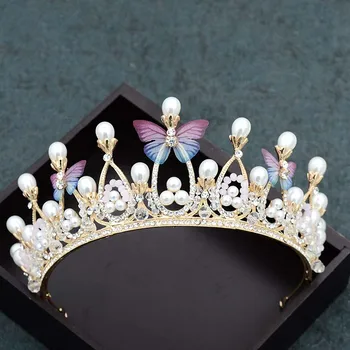 Nový Dizajn Malá Princezná Roztomilý Headpieces Zlato Kovový Motýľ Simulované Perly Crystal Tiaras Korún Ženy Narodeniny Šperky