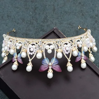 Nový Dizajn Malá Princezná Roztomilý Headpieces Zlato Kovový Motýľ Simulované Perly Crystal Tiaras Korún Ženy Narodeniny Šperky