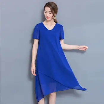 Nový dizajn s asymetrickým krátky rukáv šifón šaty Plus veľkosti ženy šaty, Sexy Vestido De Festa veľká veľkosť M-5XL čierna modrá červená