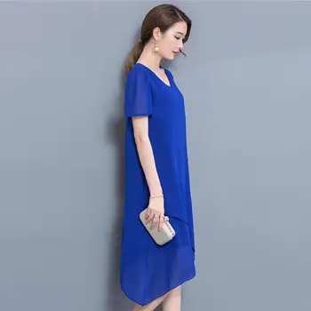 Nový dizajn s asymetrickým krátky rukáv šifón šaty Plus veľkosti ženy šaty, Sexy Vestido De Festa veľká veľkosť M-5XL čierna modrá červená