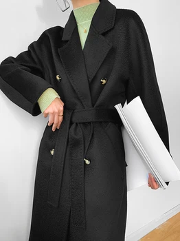 Nový high-end vody vlnky v dvojlôžkovej breasted retro elegantné ženy dlhý kabát vlnený kabát cashmere