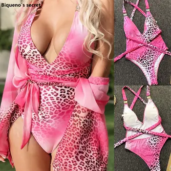 Nový Obväz Belted Leopard Kombinézu Crystal jednodielne Plavky celé plavky Sexy Plavky Ženy Ružová Brazílsky Drahokamu Plaviek