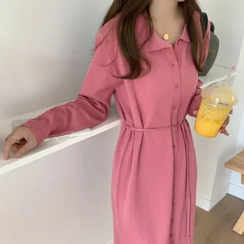 Nový príchod dráhy kórejskej Ženy Bodycon Dlhý Rukáv pletené šaty Elbise kvalitné Kancelárske šaty Vestito Moda Donna Feminina
