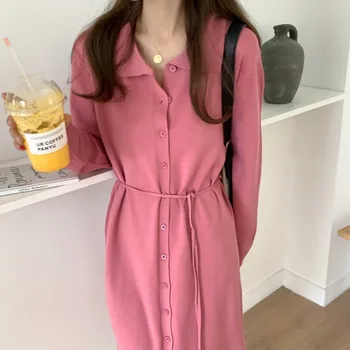 Nový príchod dráhy kórejskej Ženy Bodycon Dlhý Rukáv pletené šaty Elbise kvalitné Kancelárske šaty Vestito Moda Donna Feminina