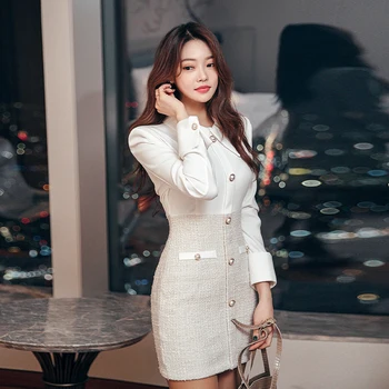 Nový príchod kórejskej Ženy patria high-end Úradu pracovné oblečenie značky šaty Elegantné Business Strany Patchwork tweed Šaty Vestidos