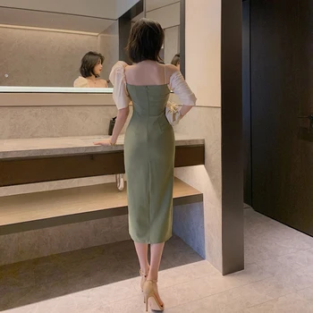 Nový príchod módne oblečenie žien elegantné letné sladké jednoduché asymetrické lístkového rukáv temperament zelené tenké ceruzky split šaty