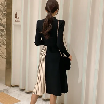 Nový príchod módne ženy elegantné office lady štýl práce vysoko kvalitné zimné hrubé teplé pletené elastické patchwork a-line šaty