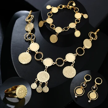Nový príchod Nevesty Moslimských Mince Náhrdelníky Náušnice Prsteň Náramok Sady pre ženy, Zlatá Farba na Blízkom Východe Arabského Svadobné Šperky darček