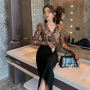 Nový príchod pohodlné, vysoko kvalitné formálne ženy súprav tvaru leopard sexy tričko a dlhé čierne ceruzku sukne, elegantné ženy sady