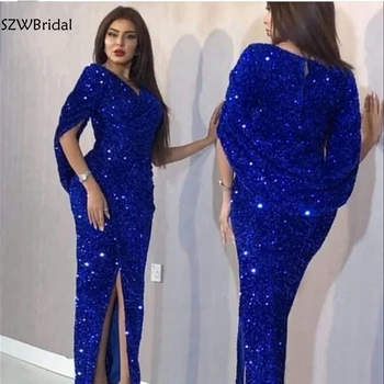 Nový Príchod V Krku Kráľovská modrá Moslimských večerné šaty strana 2021 Sequined čipky večerné šaty, Dlhé Šaty, de soiree
