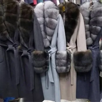 Nový Príchod Žien Zimný Kabát s Pásom Teplé Reálne Fox Kožušiny Golier Módny Trend Pohodlný Vlna Cashmere Zahustiť Kabát Vysokej Kvality