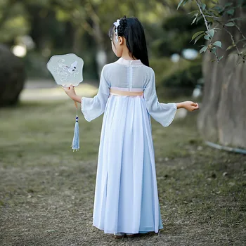 Nový Rok Kostýmy pre Dievča Tradičné Čínske Šaty pre Dievčatá Modrá Strana Výšivky Hanfu Tanec