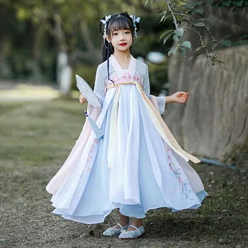 Nový Rok Kostýmy pre Dievča Tradičné Čínske Šaty pre Dievčatá Modrá Strana Výšivky Hanfu Tanec