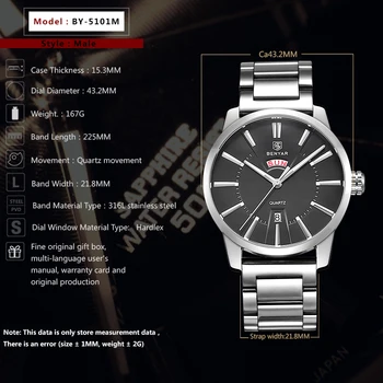 Nový Top Luxusné Značky pánske Hodinky Benyar Šport Ležérne Pánske Náramkové hodinky z Ocele Business Sledovať Muži Móda Hodiny Relogio Masculino