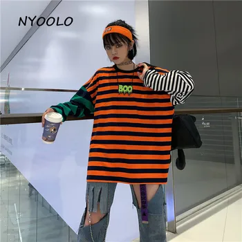 NYOOLO Jeseň streetwear prekladané patchwork voľné dlhý rukáv T-shirt ženy muži Harajuku O-krku hip hop skateboard dosky čaj