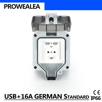Odolný proti poveternostným vplyvom Zásuvky IP66 USB 16A nemeckej Normy Vodotesná Zásuvka Vonkajšie Steny napájacej Zásuvky Elektrickej Zásuvky, Upevní