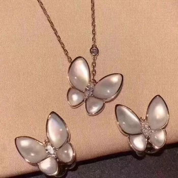 OEVAS Zlatá Farba Real 925 Sterling Silver Biela perleť Prívesok motýľ náhrdelník pre ženy Elegantné Party šperky Darček