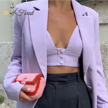 Oforest Elegantné ženy sako set 3 Kusov fialové sako plášť nádrže s krátkymi jeseň vyhovovali Office dámske sexy chic bežné nastaviť 2020