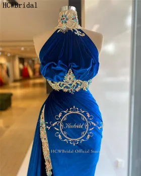 Ohromujúci Kráľovská Modrá Dubaj Večerné Šaty Vysokej Štrbinou Velúrové Nádherné Krištáľové Dlho Formálne Príležitosti Žien Šaty Plus Veľkosť Šaty