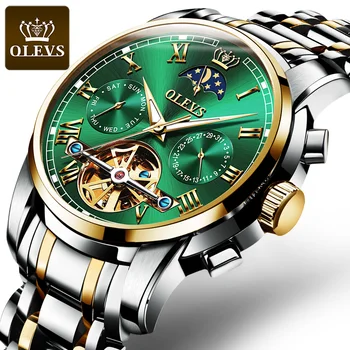 OLEVS Top Značky Muži Hodinky Automatické mechanické hodinky Luxusné Šaty luny phaseTourbillon Náramkové hodinky Darčeky pre Mužov