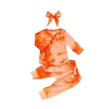 OPPERIAYA 3ks Dojčenská tie-dye jeseň Oblečenie Batoľa Dlhý Rukáv Naklonený Tlačidlo tvaru Kombinézu Krajky-up Nohavice hlavový most