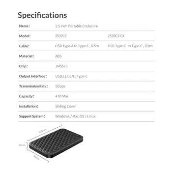 ORICO 2.5 Palcový Typu C HDD Prípade USB3.1 5Gbps 4TB HDD Enclosure Podporu UASP Externý Pevný Disk Box s C/C C Kábel