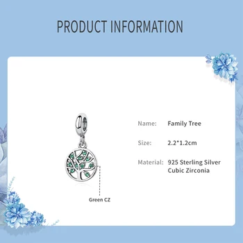 Originálne 925 Sterling Silver Kúzlo Perličiek Rodiny Láska Strom Prívesok Charms Zelený CZ Nosenie Náramkov Ženy Jemné Šperky