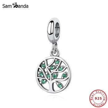 Originálne 925 Sterling Silver Kúzlo Perličiek Rodiny Láska Strom Prívesok Charms Zelený CZ Nosenie Náramkov Ženy Jemné Šperky