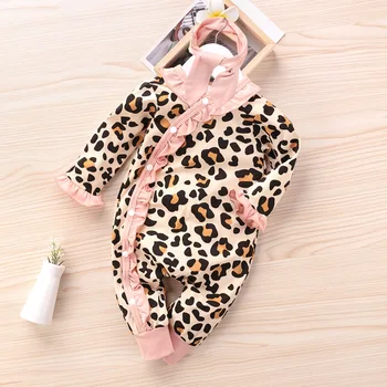 Outong Dieťa Dievča Oblečenie Novorodenca 2ks Nastaviť Bavlna Leopard Tlač Dieťa Jumpsuit a hlavový most batoľa dievča pád oblečenie 2020