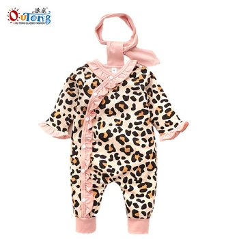 Outong Dieťa Dievča Oblečenie Novorodenca 2ks Nastaviť Bavlna Leopard Tlač Dieťa Jumpsuit a hlavový most batoľa dievča pád oblečenie 2020