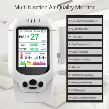 Ozón Vzduchu Detektor Znečistenie Ovzdušia Monitorovanie O3 Kvality Ovzdušia Monitor Formaldehyd Nabíjanie cez konektor USB Digitálny Displej Multi-funkčné Používanie