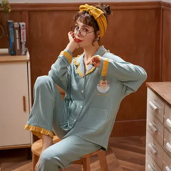 Pajama Sady Ženy Nadrozmerná 3XL Mäkké Jeseň Krásne kórejský Módne Tehotné Dámy oblečenie pre voľný čas Dlhý Rukáv Elegantné Femme Pijamas Sleepwear